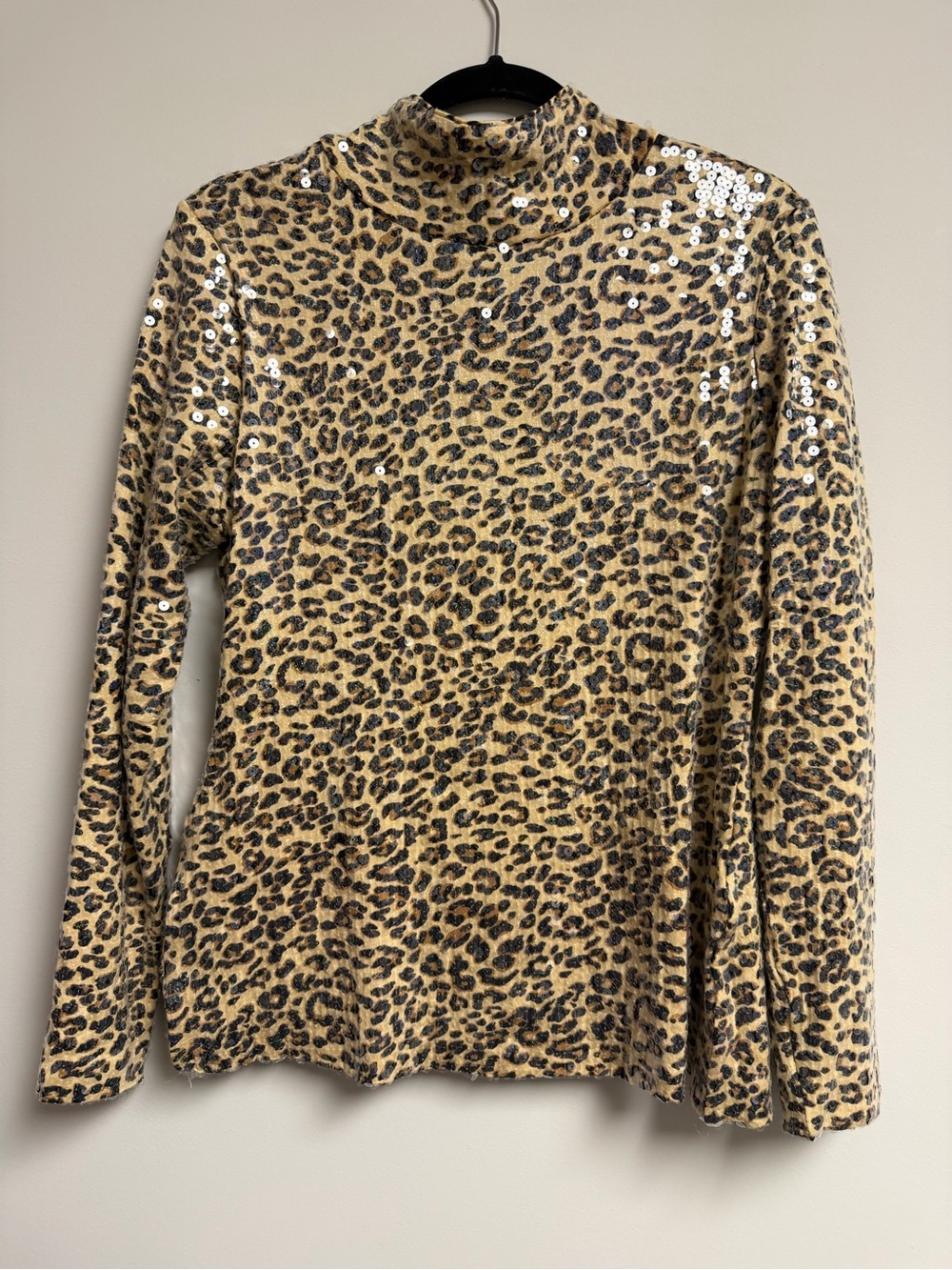 Boston Proper Leopard Sequin Mock Neck Long Sleeve Top - Beige & Black
